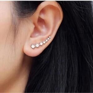 Silver Rhinestone Ear Climber Stud Earring Silver Sparkly Sexy